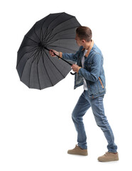 Man with black umbrella on white background
