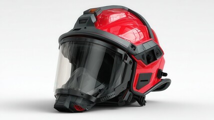 Red safety helmet with black accessories