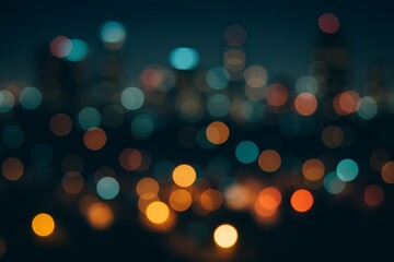 Colorful bokeh city lights at night with soft focus. Blurred urban skyline creates an abstract, dreamy nightscape perfect for design and mood boards.
