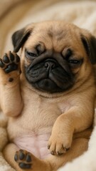 Adorable pug puppy waving hello.