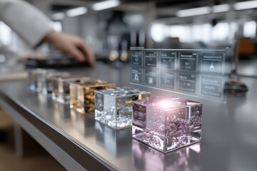 This image features a vibrant display of color-changing cubes alongside a digital interface, symbolizing innovation and modern scientific experimentation in a sleek lab environment.