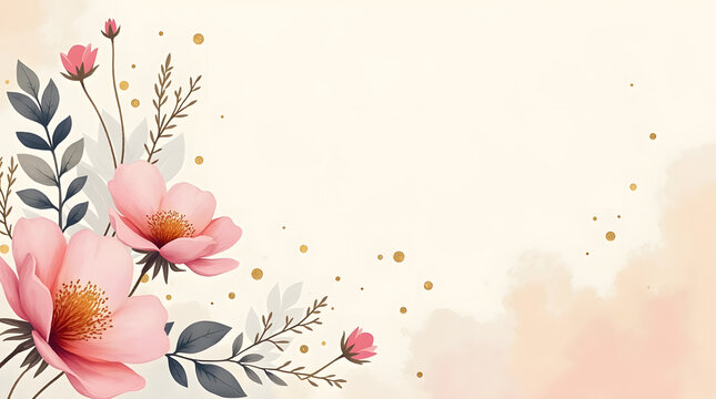 Flat card design with expressive floral brushstrokes and golden accents on light cream tone.