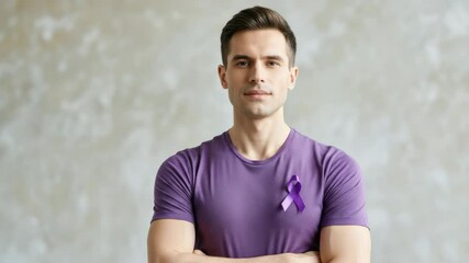 Man wearing purple shirt and awareness ribbon, advocating for cause