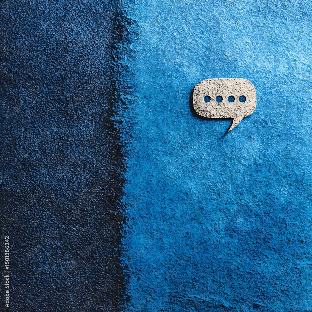 Poster textured blue and black background featuring a speech bubble conveying connection and modern communi