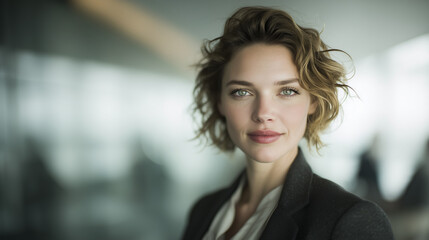 Businesswoman in office lobby, soft light, modern backdrop, conveying professionalism and focus.