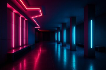 Modern hallway illuminated by bright pink and blue neon lights, creating a vibrant, sci-fi inspired interior with dynamic geometry.