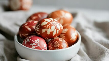 Bowl of intricately decorated Easter eggs with leaf patterns - Powered by Adobe