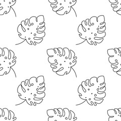 Repeating pattern of outlined monstera designs on light background. Seamless tropical leaf texture. Vector.