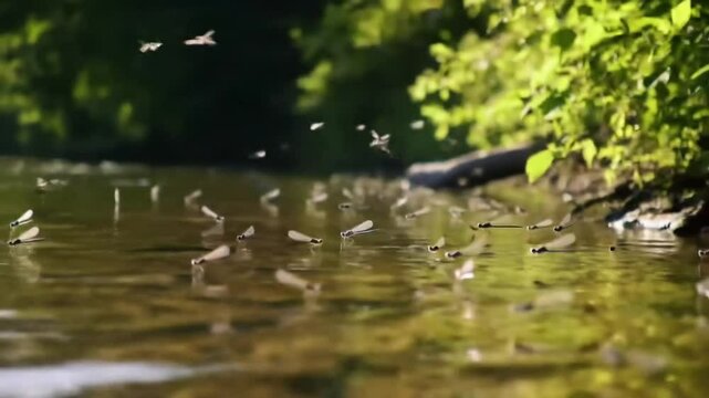 Mayflies Dancing On Clear Water Surface Of A Tranquil River Scenery