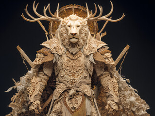 Fototapeta premium a fantastical creature with the head of a lion and antlers, wearing ornate armor adorned with various skulls and bones. It is seated on a throne-like structure, surrounded by swords a