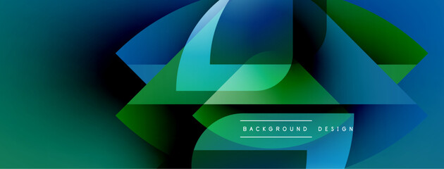 Abstract geometric shapes, vibrant blues, greens create modern background. Smooth gradients, dynamic composition, sleek design elements present.