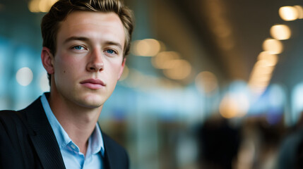 Young businessman at airport, focused and confident, embodying ambition and global connectivity.