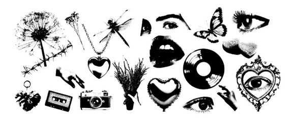 Pop art glamour elements retro halftone effect. Grunge black and white  Eyes, mouth, vinyl, heart, hand, cupcake, dragonfly, dried flowers. Vector illustration.
