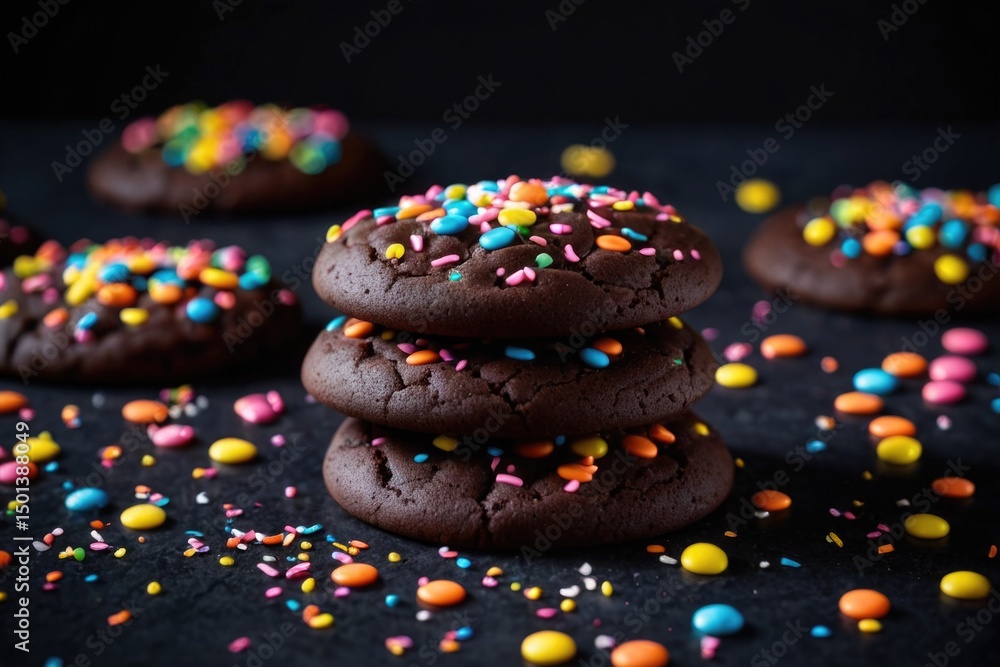Poster a colorful array of chocolate cookies with sprinkles on a table, perfect for snacking or decorating