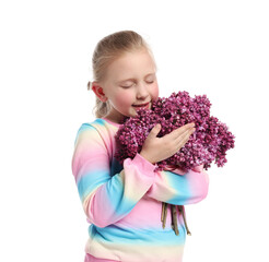 Little girl with bouquet of lilac flowers on white background
