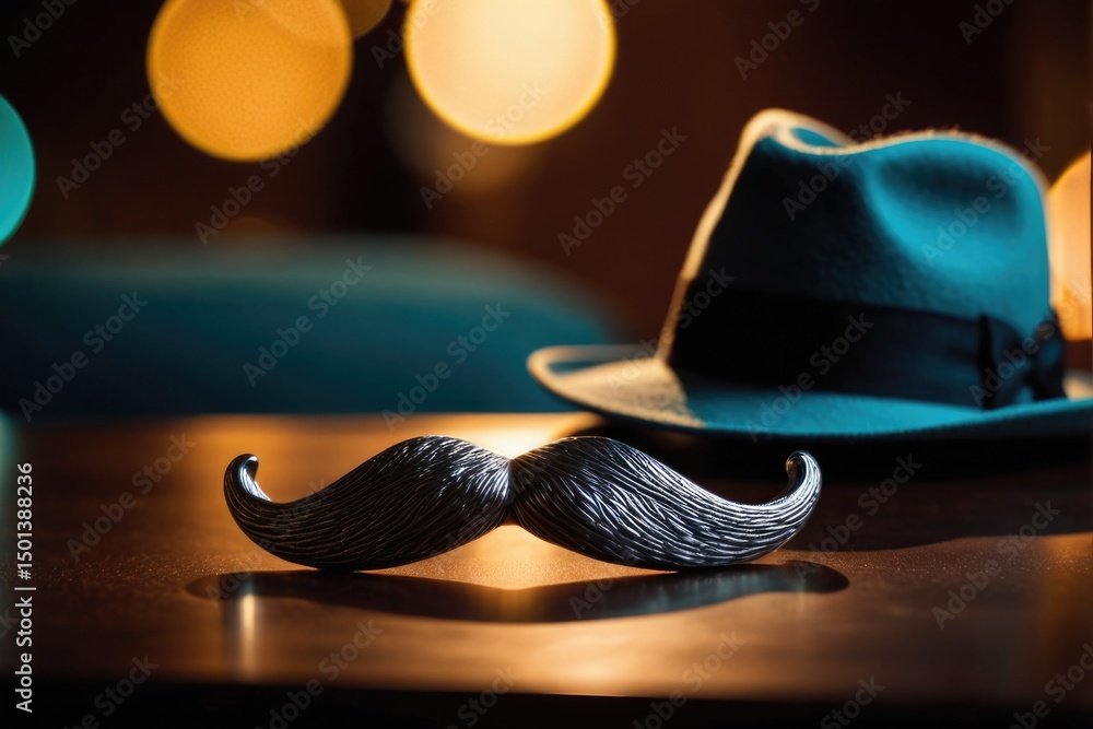 Poster old-fashioned hat and mustache displayed on a table for display or use