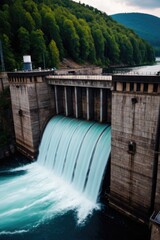 Large dam with water flowing over it