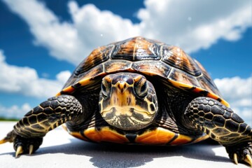 Obraz premium A close-up shot of a turtle lying on the ground, showcasing its shell and texture