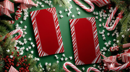 Xmas promotional banners shaped like tree and square tablet - red frames with candy cane borders display super sale discounts. Snowy decorative elements and glowing garland string lights on green bg.