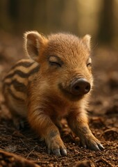 Fototapeta premium Adorable striped piglet resting peacefully.