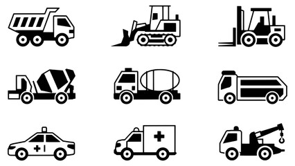 Collection of black and white transportation icons