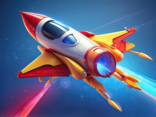 "Colorful Rocket Launch Illustration with Smoke Clouds and Blue Sky"