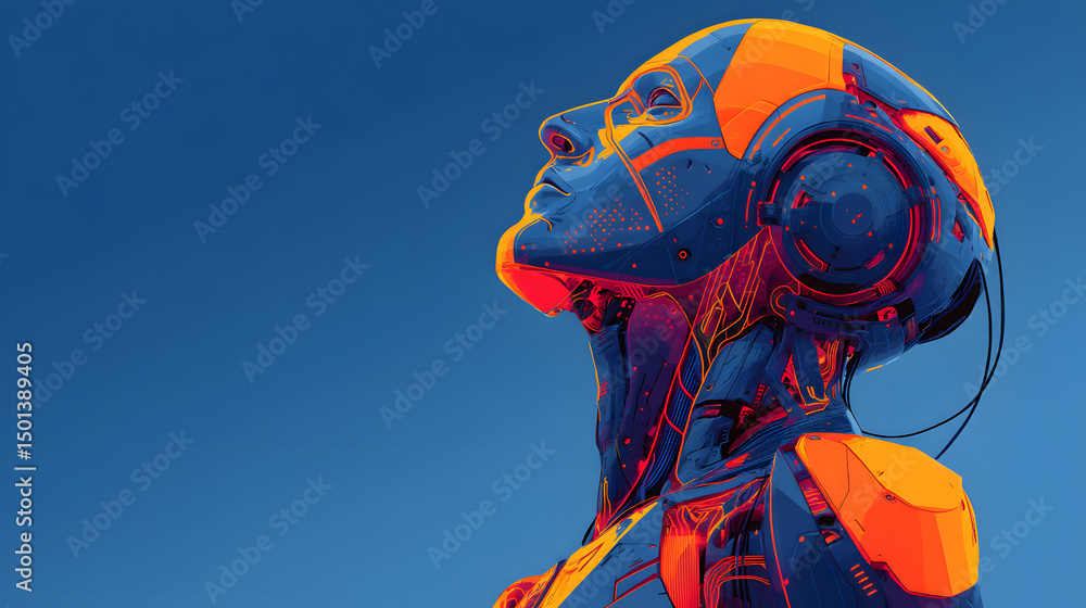 Poster digital dream: a cybernetic entity gazes towards an expanse of blue, suggesting themes of the future