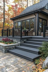 Obraz premium Exterior deck steps leading to a modern home.