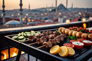 A sizzling hot grill filled with juicy meat and colorful vegetables, perfect for outdoor cooking or BBQ party