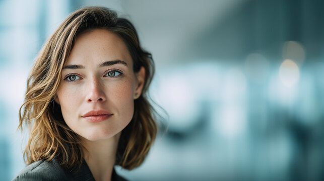 Businesswoman in office lobby, soft light, modern backdrop, conveying professionalism and focus.