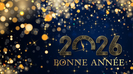 carte ou bandeau pour souhaiter une bonne année 2026 en or le 0 est une horloge avec des paillettes de couleur or en effet bokeh sur un fond bleu	