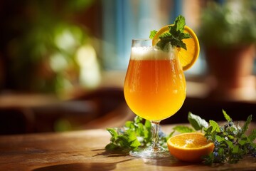 Close-up shot of a vibrant orange cocktail with mint and an orange slice.