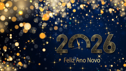 cartão ou banner para desejar um feliz ano novo 2026 em dourado o 0 é um relógio com glitter dourado em efeito bokeh sobre fundo azul