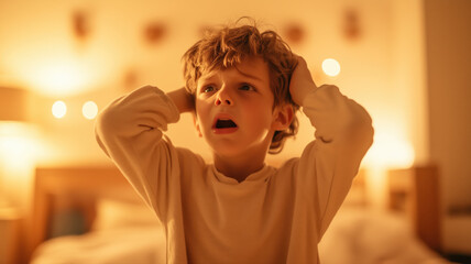 Boy, kid with ADHD issues, can't sleep in his bedroom, having tantrum, breakdown during bedtime routine with his mom seen worried, stressed in a blurry background. trouble paying attention