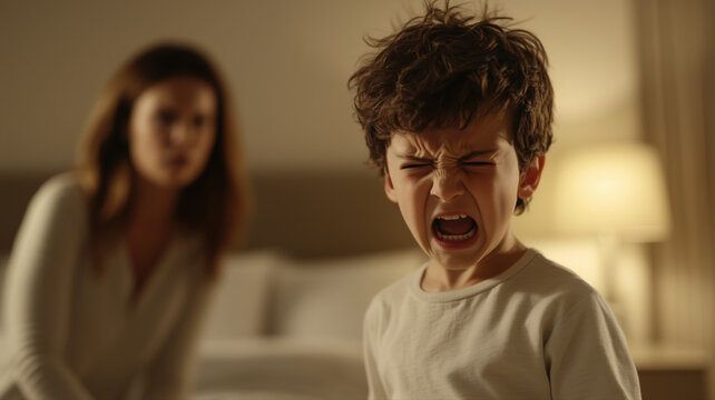 Boy with ADHD can't sleep in his bedroom, having tantrum, breakdown during bedtime routine with mother seen worried, stressed in background. hyperactivity, Impulsivity, difficulty sitting still