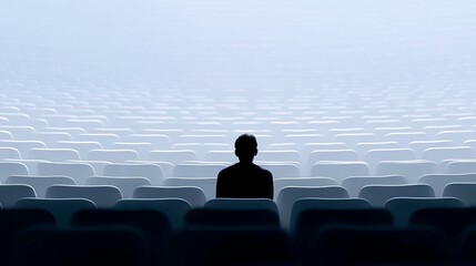 A lone figure sits in an empty space filled with seats. This image evokes feelings of solitude and reflection. It represents longing and quiet contemplation. Ideal for artistic projects. AI