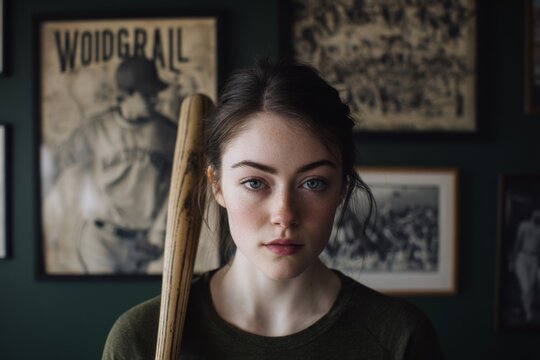 Beautiful young woman with a baseball bat looks directly at the camera, posing for a portrait.