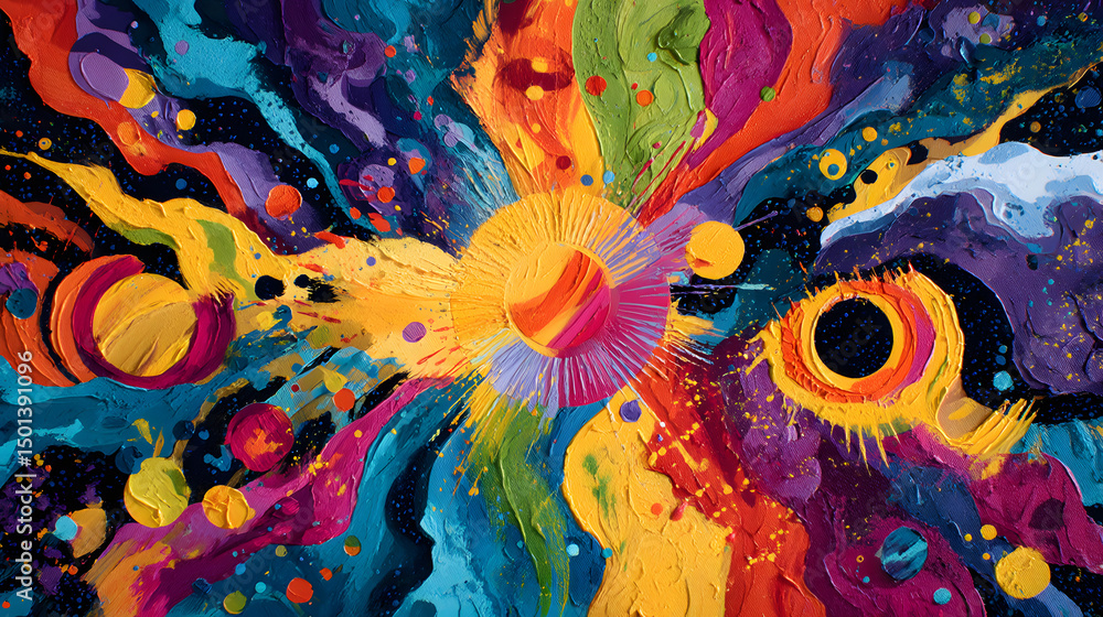 Poster colorful cosmic burst: a vivid and dynamic abstract artwork exploding with a spectrum of radiant hue