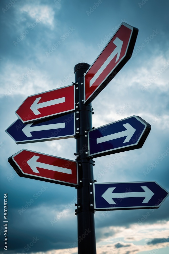 Poster a street sign with multiple arrows pointing in different directions, great for navigation or wayfind