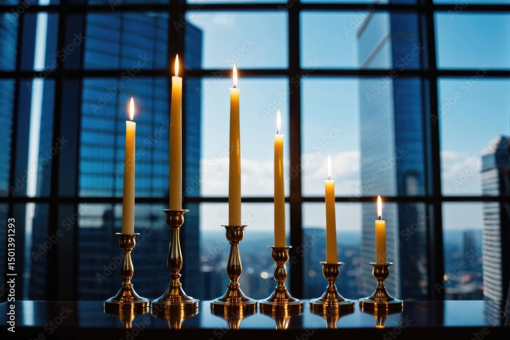 Poster a table with several candles lit in front of a window, creating a warm and cozy atmosphere