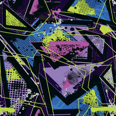 Abstract seamless geometric pattern. Grunge urban repeated backdrop for textile, wrapping paper. Lines elements, triangles, arrows in bright blue, green, black colors.