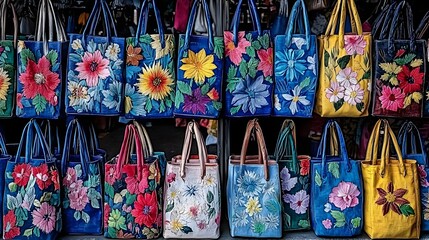 Display of Colorful Floral Handbags with Vibrant Patterns at a Local Market Stall