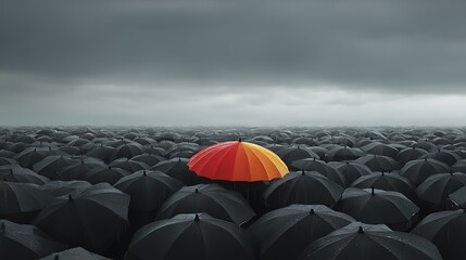 Unique Umbrella Amidst a Sea of Uniformity: Embracing Individuality and Standing Out in a Crowd During Stormy Weather.
