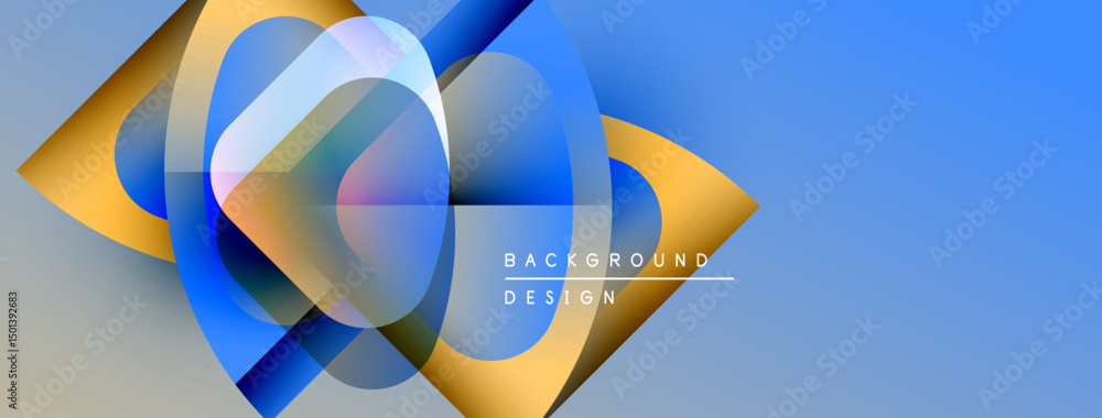 Poster abstract shapes overlap, creating vibrant blue, gold gradients. modern design suggests technology, i