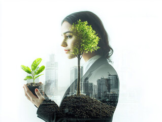 Double exposure of hands holding small green plant with cityscape background on white, symbolizing environmental sustainability, growth, and urban ecological 
