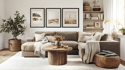 Stylish and Cozy Living Room Interior Design Featuring Comfortable Sofa and Decorative Elements
