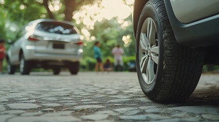 Close-Up of a Car Tire on a Cobblestone Path with Family Playing in a Park at Sunset