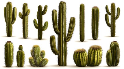 Diverse Collection of Cacti Showcasing Various Shapes and Textures Isolated on White Background