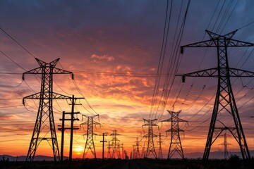 Transmission lines against a vibrant sunset sky