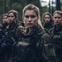 Fototapeta premium Group of Determined Female Soldiers in Camouflage Gear Standing Together in a Forest Setting